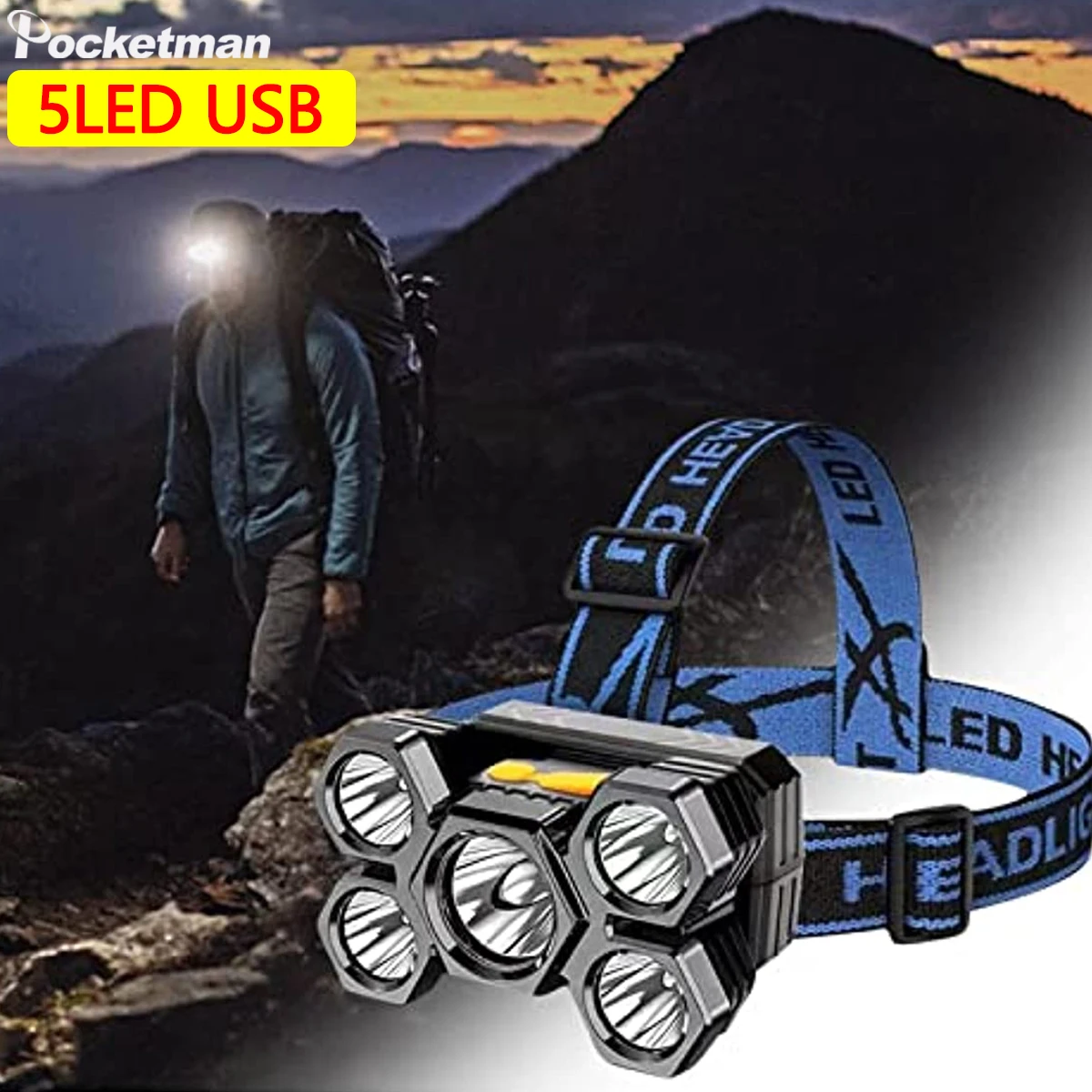 5LED USB Rechargeable Headlamp Work Headlight Adjutable Headband Super Bright Head Lamp to Wear for Camping Hiking Outdoors Home