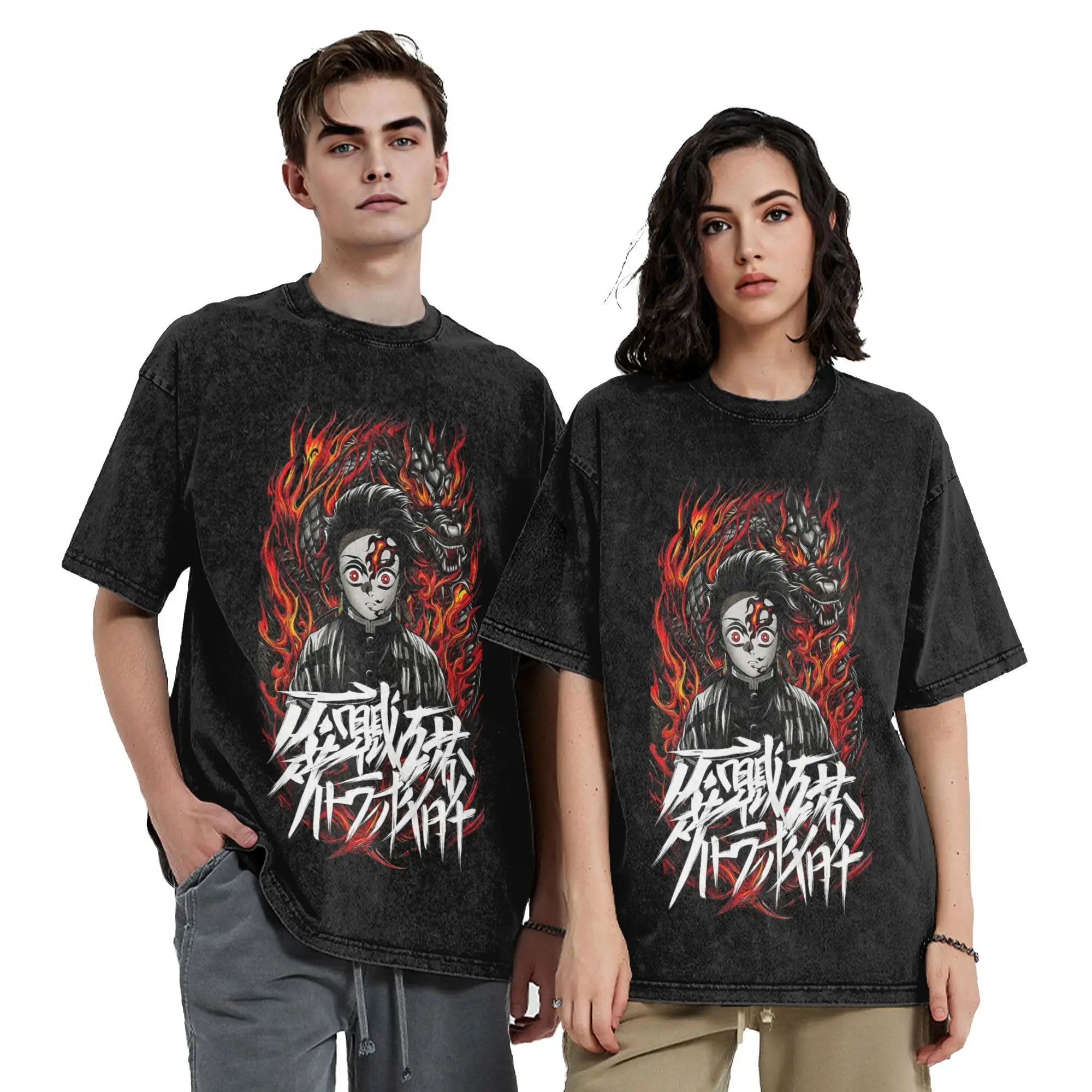 デーモンスレイヤー 竈門炭治郎 ウォッシュドTシャツ ストリートウェア ヒップホップ ファッションTシャツ メンズ レディース コットン 原宿風 グラフィックTシャツ