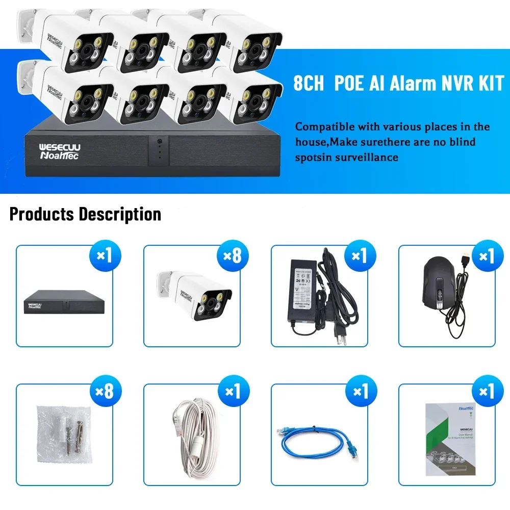 Produttore di sistemi di telecamere di sicurezza della migliore qualità Kit NVR POE 4K 8 canali Kit telecamera IP esterna umana HD AI da 8 MP Camara di sicurezza