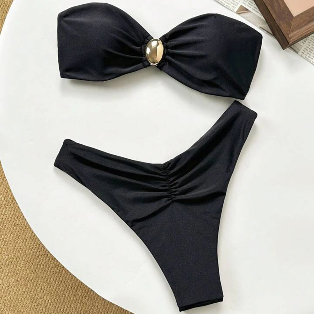 Elegant Solid Off Shoulder Women’s Sexy Bikini Set Tight Fitting Swimsuit Ladies High Elastic Split Bikini Swimwear