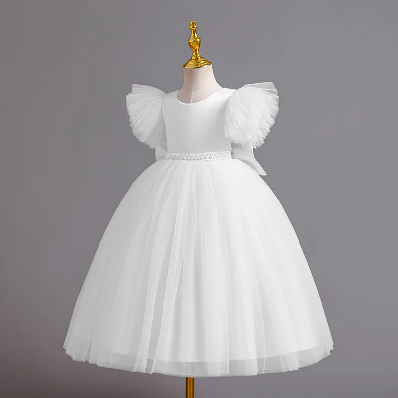 New Elegant Dress for Girl Party Children Evening Dresses White Clothes Solid Brief From 3 to12 Years