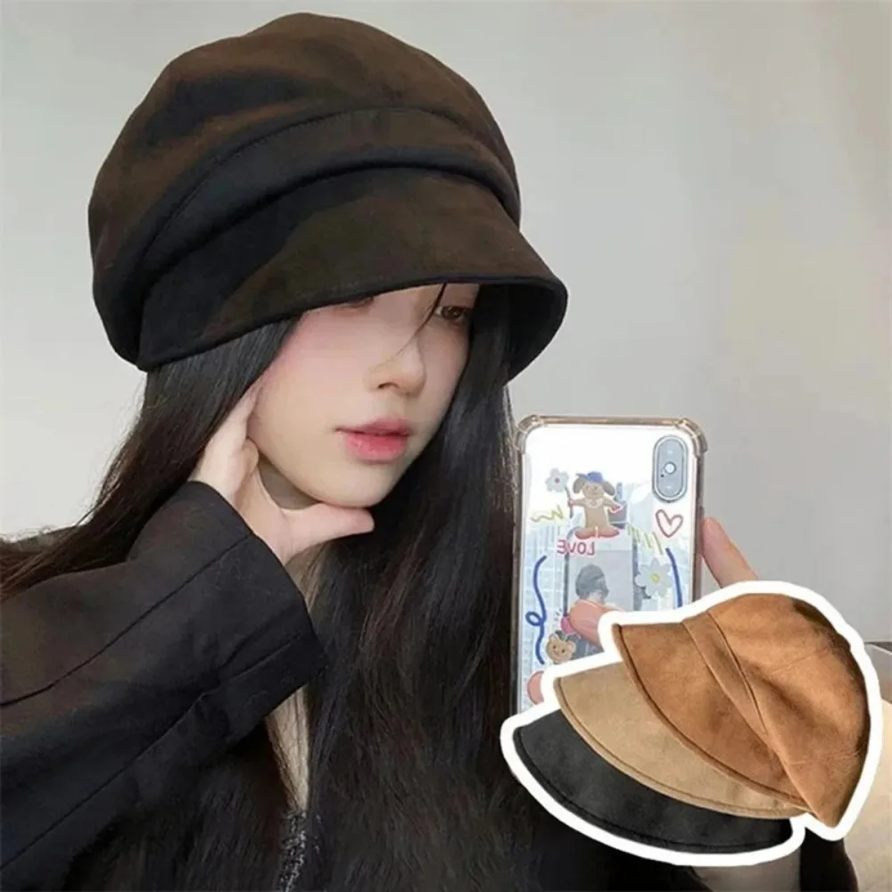 

Adjustable Suede Octagonal Cap Breathable Big Head Waist Women Fisherman Hat Solid Color Artist Painter Caps Autumn Winter
