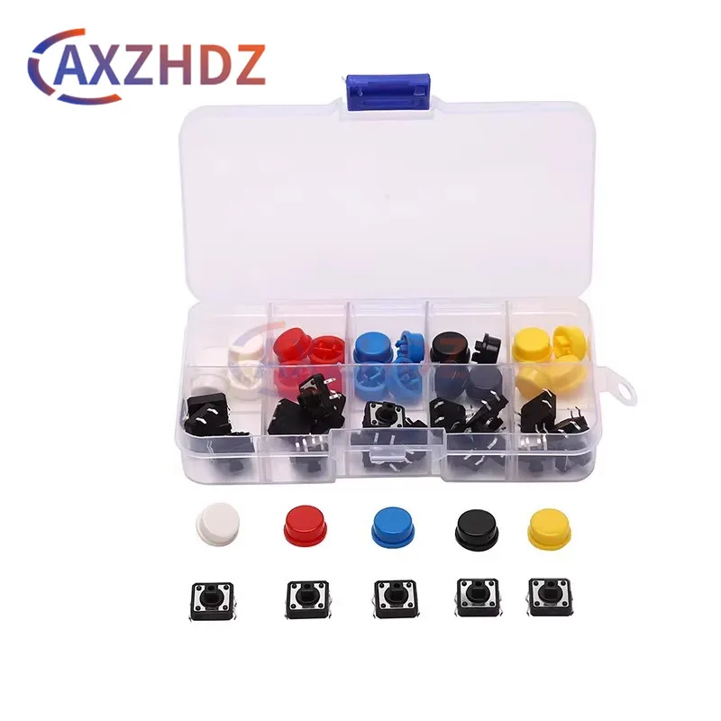 

25 Sets Tactile Push Button Switch Momentary 12*12*7.3MM Micro Switch Button Circular Cap Kit (5 Colors) for Arduino Switchs