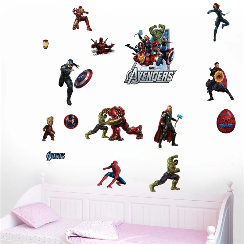 Marvel Superhero Captain America Hulk Heroes Wall Stickers For Kids Room Home Bedroom PVC Decor Cartoon Movie Mural Art Decals