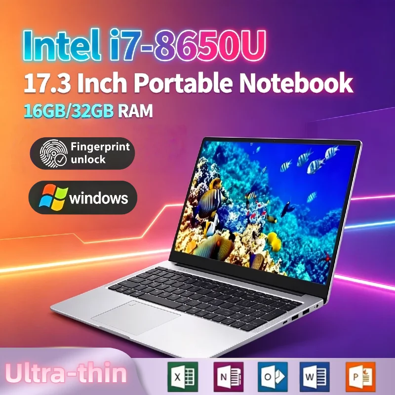 Intel i7 8650U 17.3 Inch Laptop 16GB RAM 2TB SSD Fingerprint Unlock Full HD Gaming Work Notebook High Performance Max