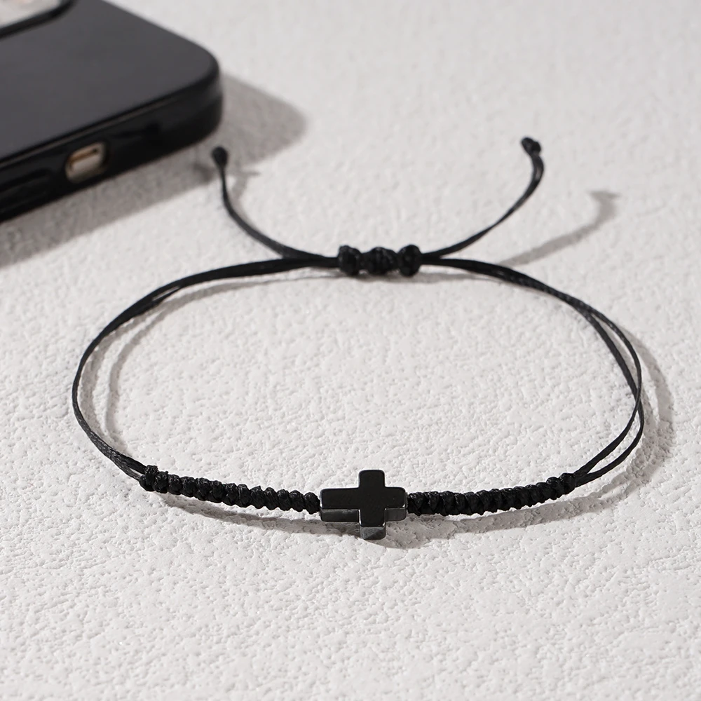 Go2boho Minimalist Men Stack Cord Bracelets Handcrafted Woven Black Wax Cross Protection Jewelry for Men 2024 Valentine Gifts