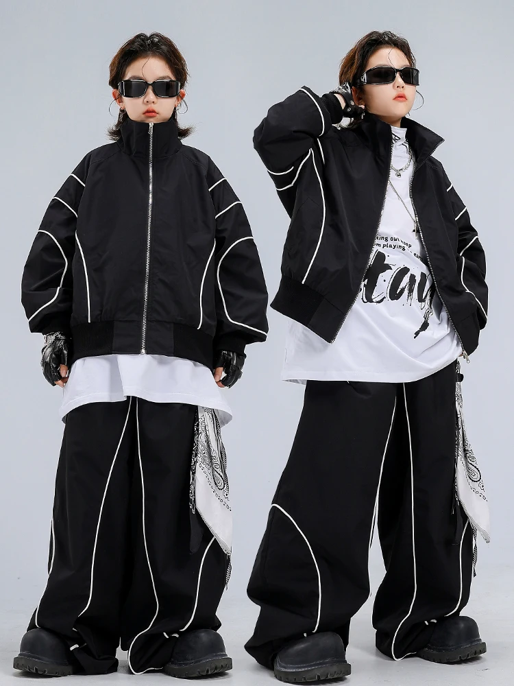 

2025 Children Ballroom Hip Hop Dance Costumes For Kids Black Loose Outfits Girls Boys Jazz Performance Stage Rave Wear DQS21303