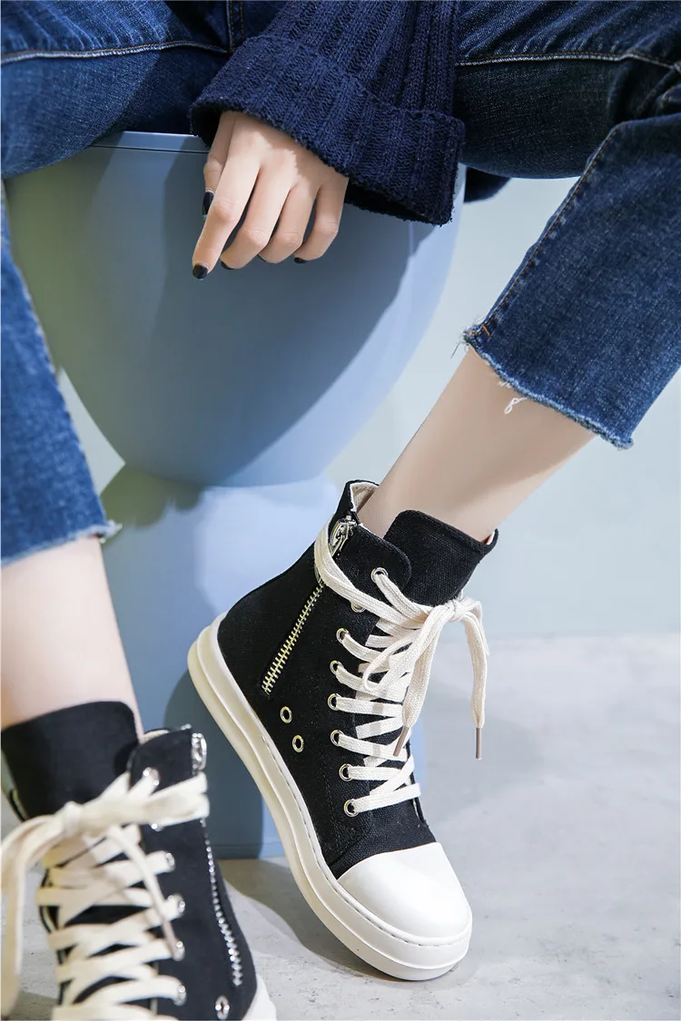 Women Shoes Men Canvas Casual Luxury Brand Trainers Lace-up Zipper Plats Black Shoes Gothic Owen High To Ankle Boots Men Shoes