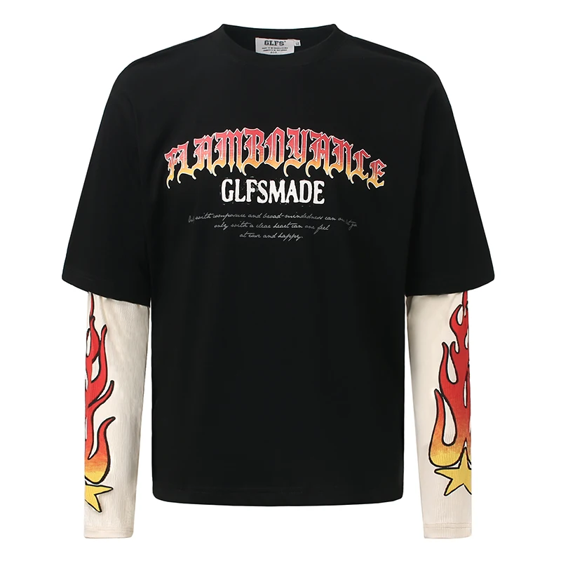 

Mens Streetwear Flame Sleeve Patchwork Fake Two Piece Long Sleeve T-Shirt Hip Hop Gothic Graphic Oversized Top Tee 2025 Clothing