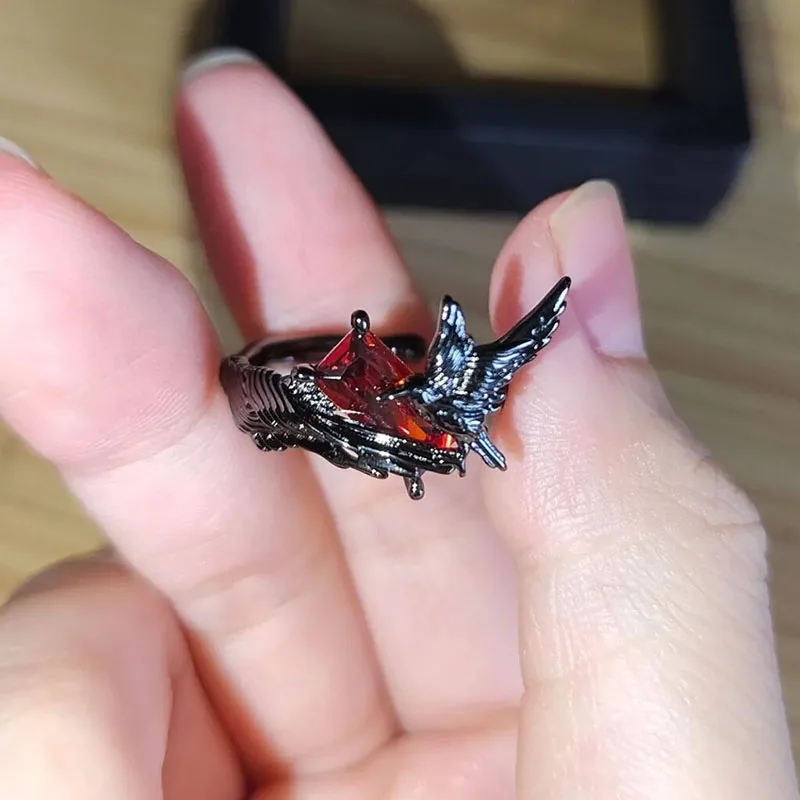 Game Love And Deepspace Sylus Crow Cosplay Ring Unisex Alloy Adjustable Opening Red Gem Rings Punk Jewelry Accessories Prop