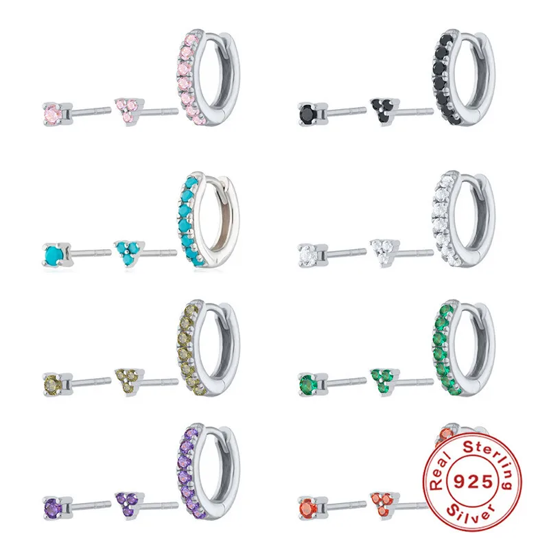 Metiseko-Conjunto de pendientes de aro de Plata de Ley 925, 3 uds., circonita cúbica colorida, moda apilable para mujer