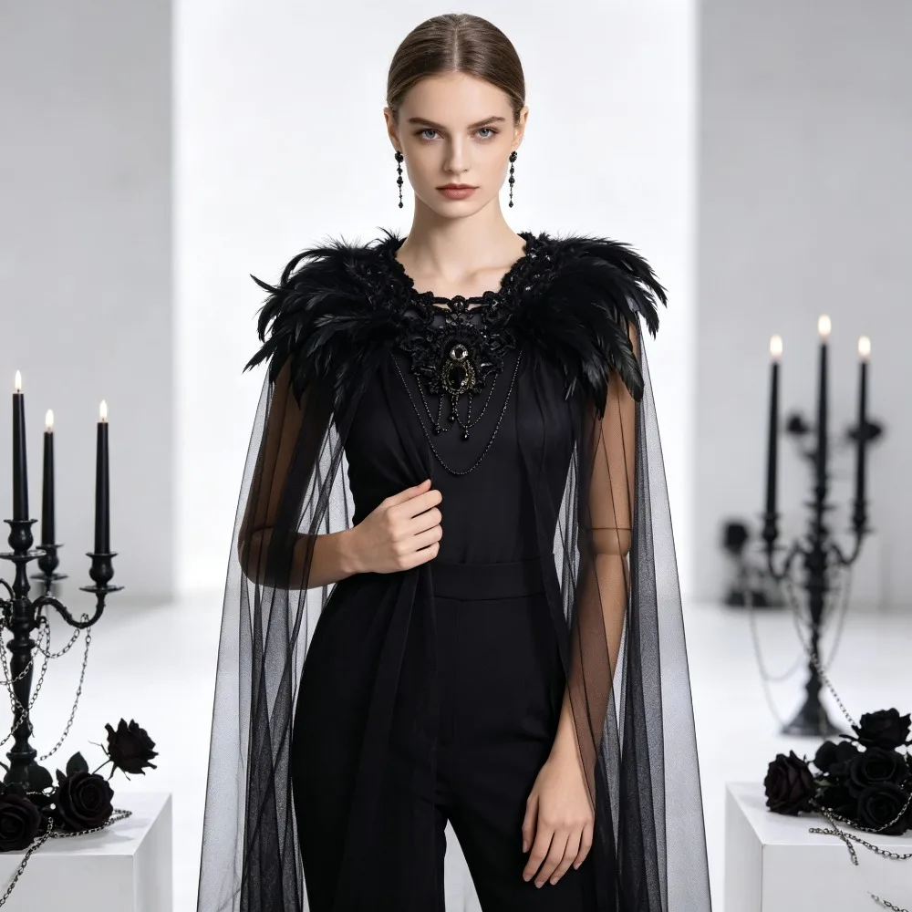 Cape en maille noire mi-longue, élégante, style gothique, pour bal masqué, carnaval, spectacle sur scène, fête à thème, Halloween, cosplay