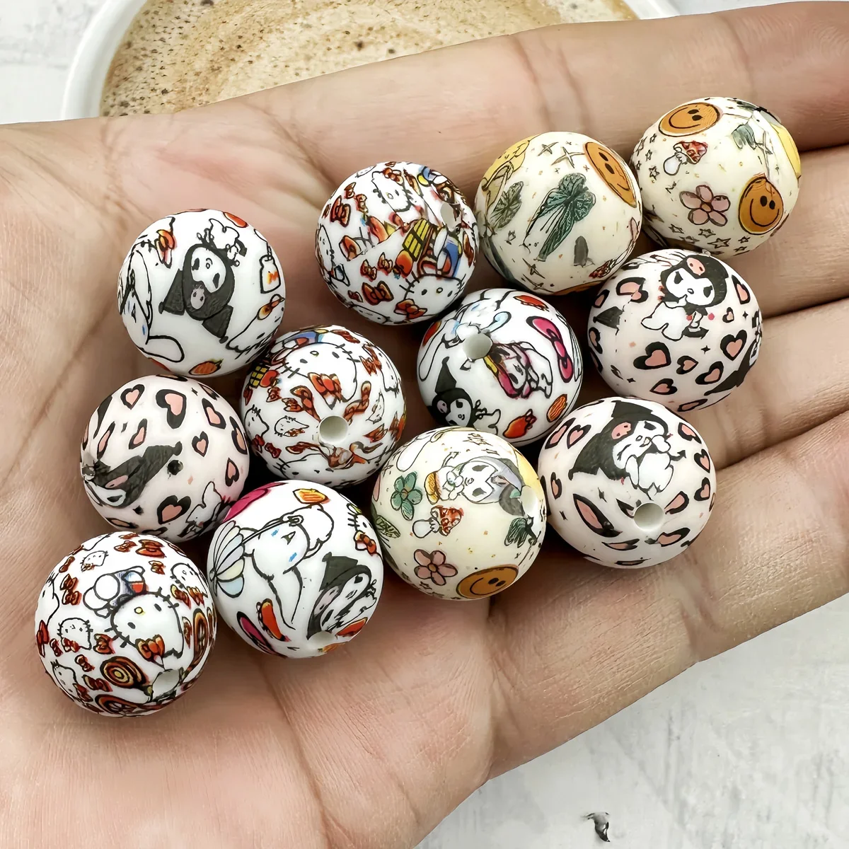

15PCS Silicone Round Beads 15mm Silicone Sanrio Beads DIY Handmade Pen Nipple Chain Jewelry Pendant Accessories Beads Gifts