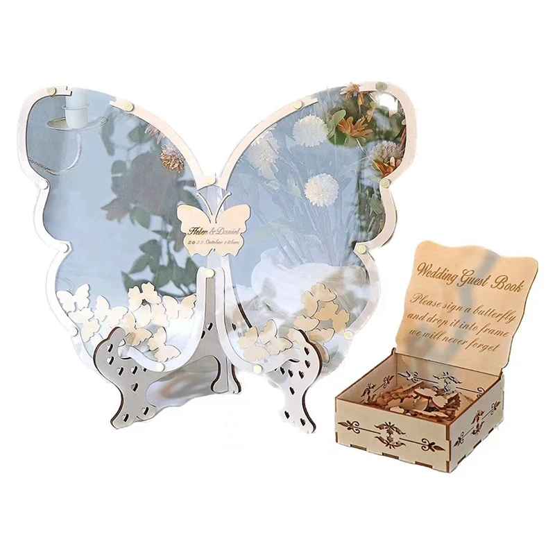 Butterfly Ornament Guest Book Signs For 40 Guests To 200 Guests, Drop Wooden Butterfly Frame With Small Butterflies