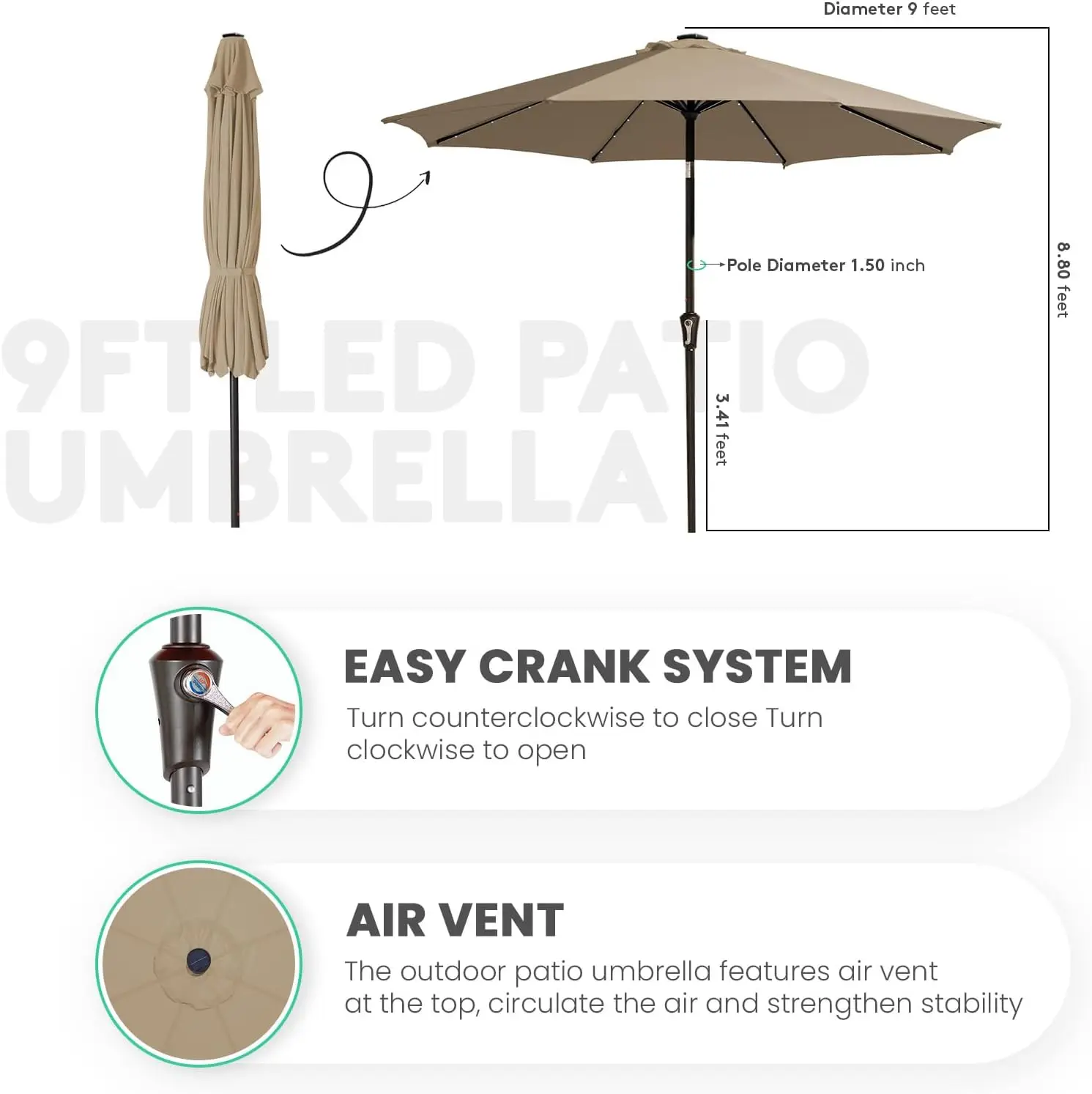 

9 футов уличный зонт для патио с солнечными фонарями, зонт для бассейна со светодиодной подсветкой и наклоном и рукояткой, уличные настольные зонты для террасы, горячий