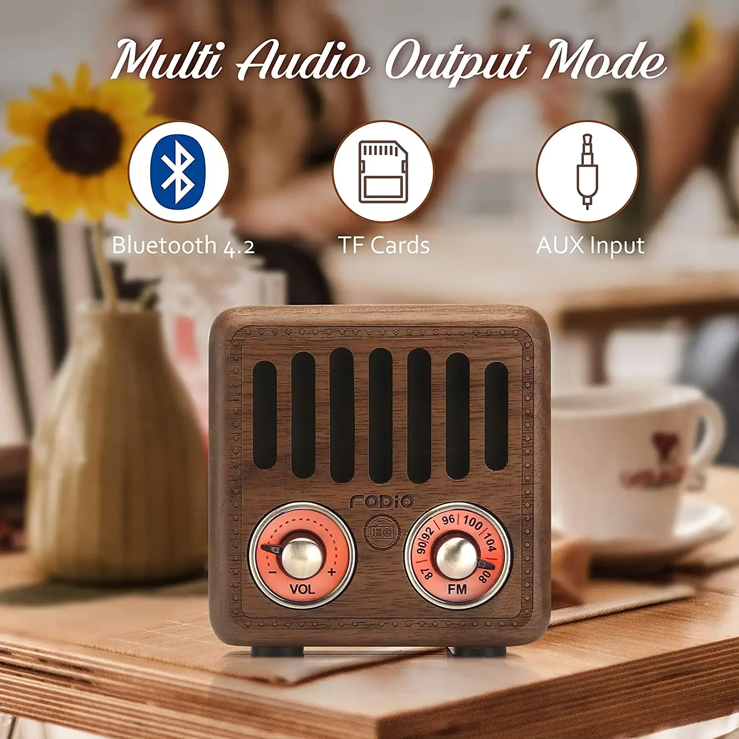 Mini altavoz retro portátil de madera maciza con radio FM, Bluetooth, estilo clásico antiguo