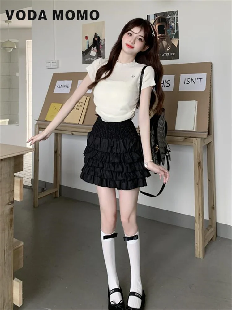 Korean Fashion Women Empire Sweet Skirt Lovely Dating Women Girls Skirts Lace Patchwork Summer Y2k Fluffy Skirt Solid Vintage