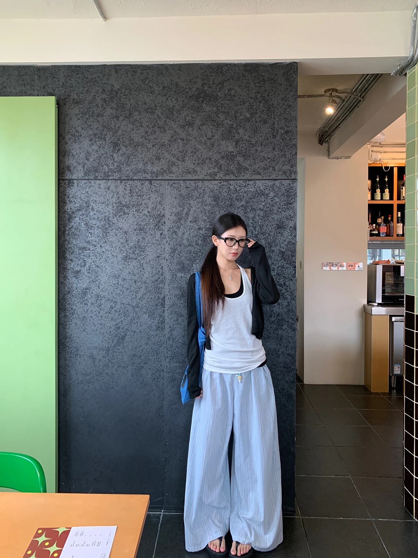 

Синие брюки в полоску с широкими штанинами, женские повседневные брюки с высокой талией, эластичные, из смеси хлопка и полиэстера, прямого кроя, для повседневной носки