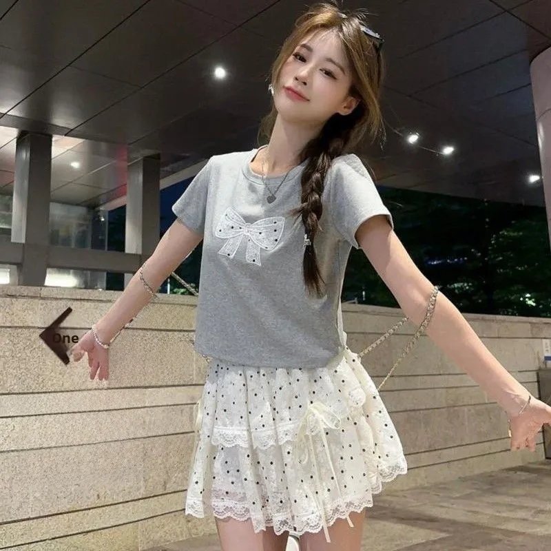 Anti-Aging Lace  Knot Embroidered Short Sleeve T-Shirt Polka Dot Bow Tie Cake Skirt Set Women's Summer Fashion