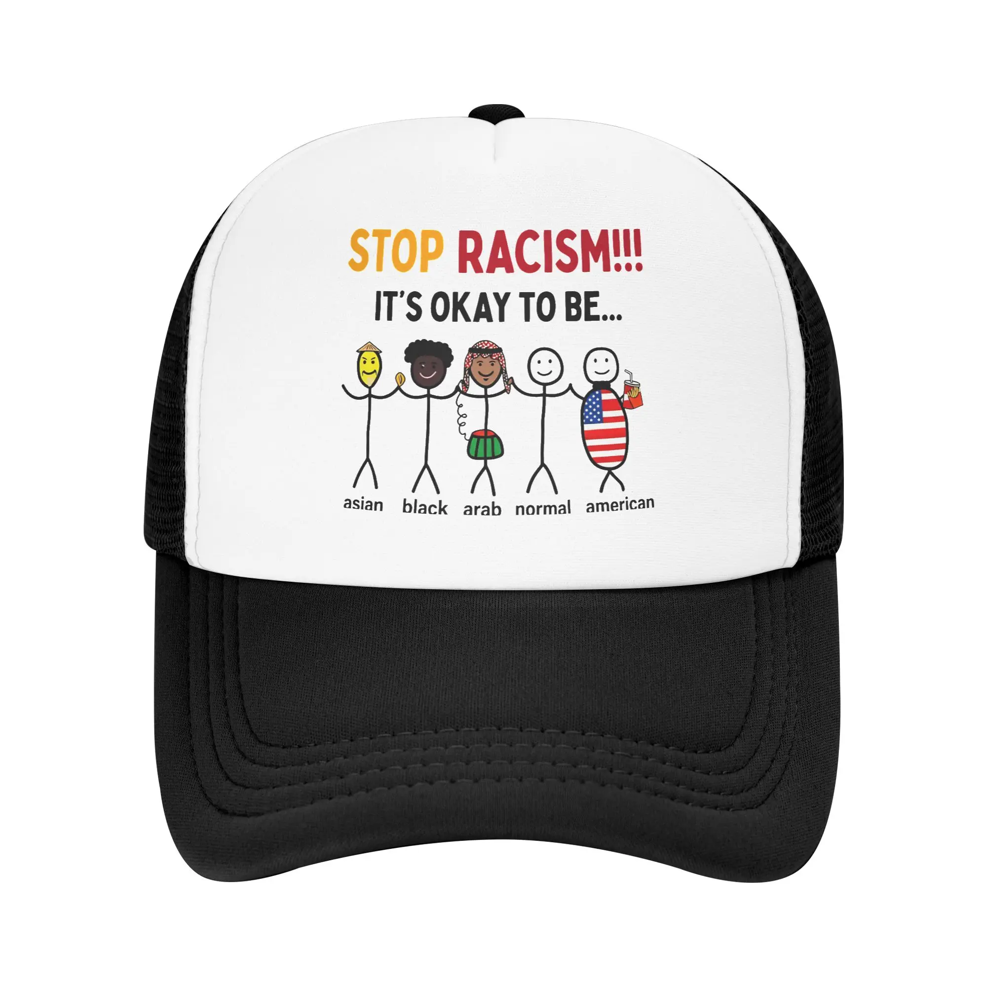 Casquettes de camionneur, casquettes de baseball en maille, casquettes snapback, chapeaux de soleil réglables, thème 'Stop au racisme, Égalité, Anti-racisme, Diversité, Unité', style course