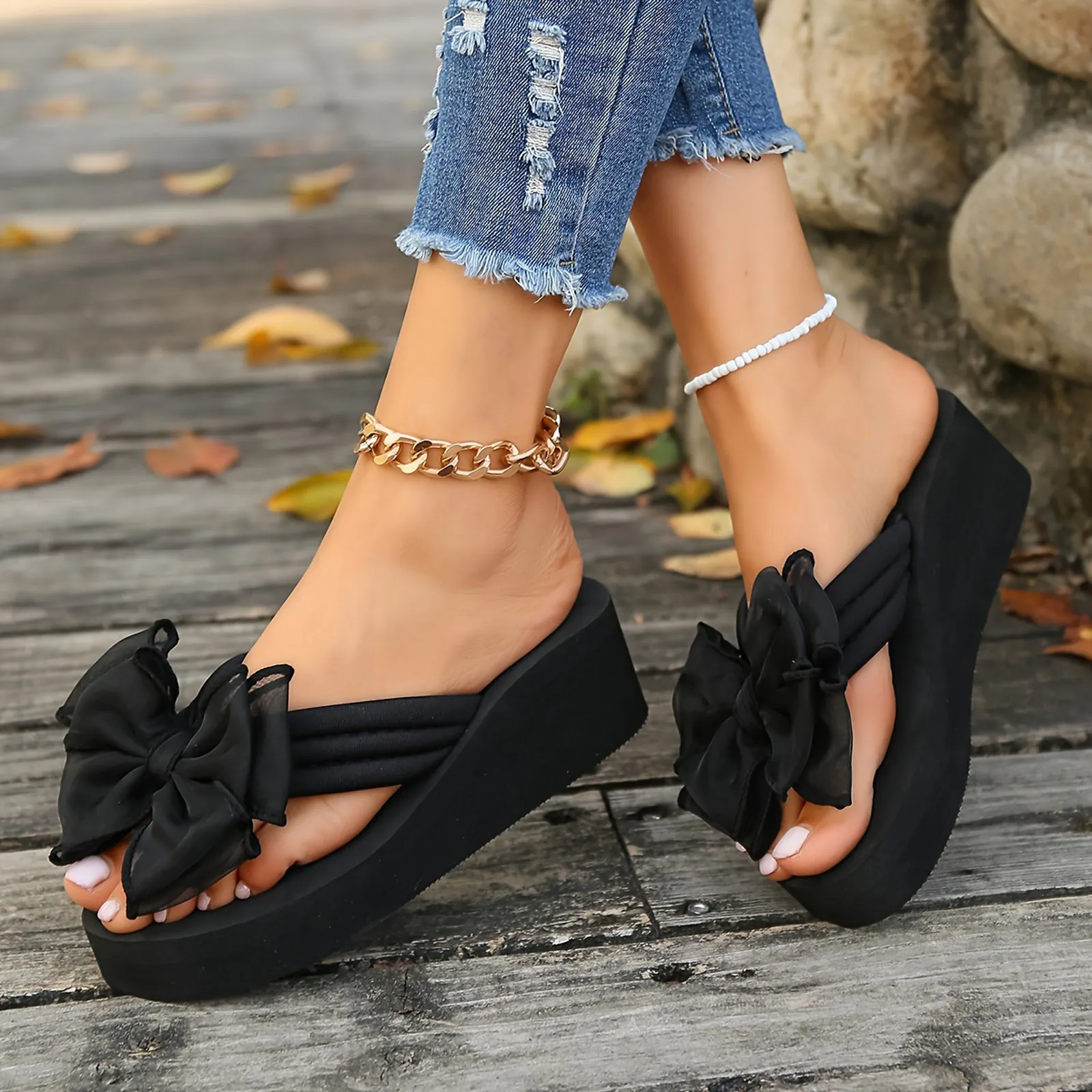 Wedges Platform Flip Flops for Woman Bohemian Style Summer Slipper with Bow Large Size Women's Summer Footwear Chaussure Femme