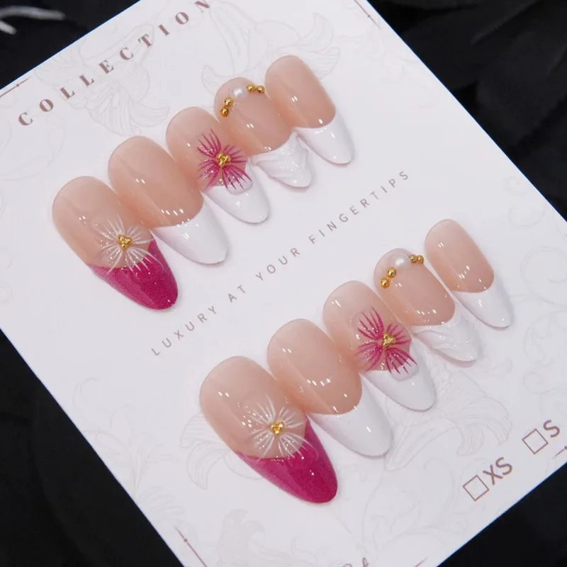Magenta French 3D Flower Press On Nails,Vintage Gentle Medium Almond False Nails,Luxury Removable Reusable Popular Manicure Nail