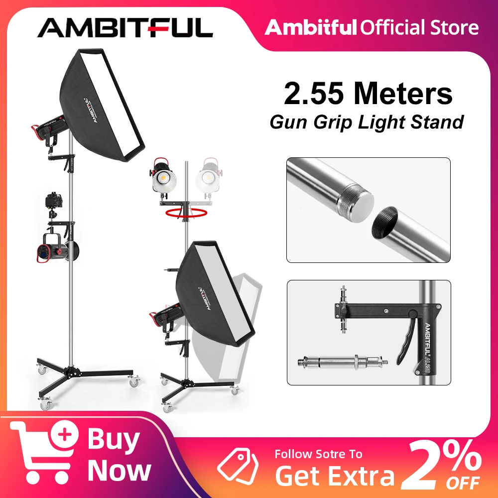 

AMBITFUL 255cm Gun Grip Light Stand Wheels Folding Tripod AL250