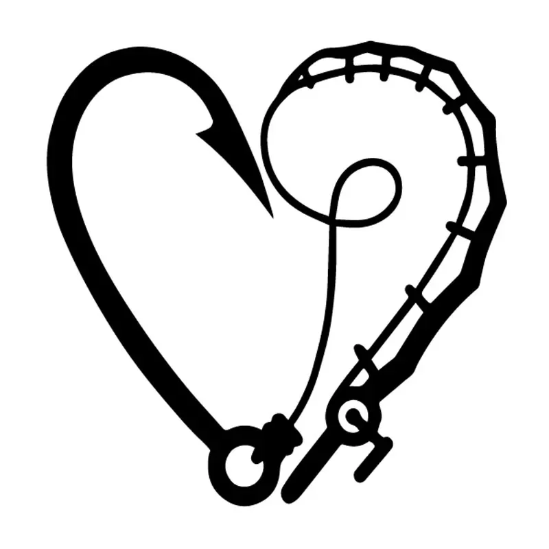 

Car Stickers Fishermans Heart-shaped Fish Hook Rod PVC Car Decoration Accessories Decals Creative Black/white,15cm*15cm