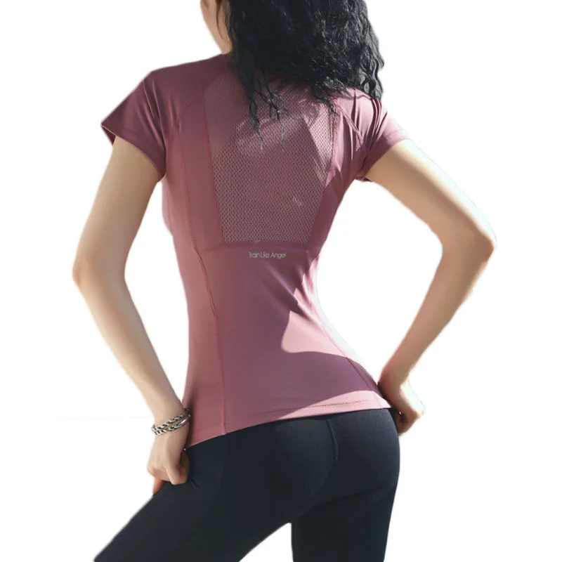 

Aiithuug Сетчатая спина для йоги с короткими рукавами, быстросохнущая дышащая спортивная футболка для спортзала, облегающая спортивная футболка для бега с круглым вырезом для тренировок