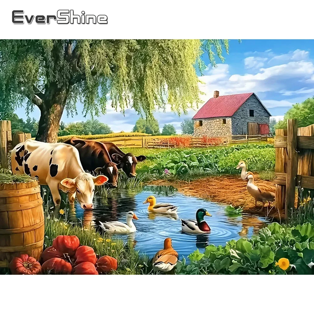 Evershine Diamant-Malerei Hauslandschaft Vollquadrat-Diamant-Malerei Kuh Ente Bild Strass-Mosaik Baum Handwerks-Geschenk