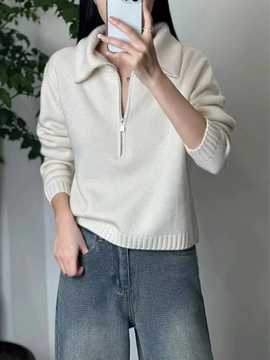 European high-end 100% pure cashmere sweater women's half zip lapel short loose pullover wool knit base sweater