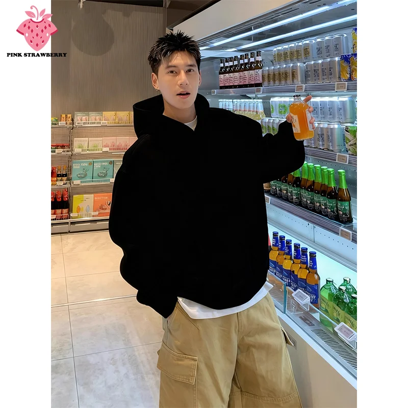 

Oversize Solid color Plush Hoodie Men Autumn Winter Black Cotton Long sleeves Warm Pullover Sweatshirt White Top Mens clothing