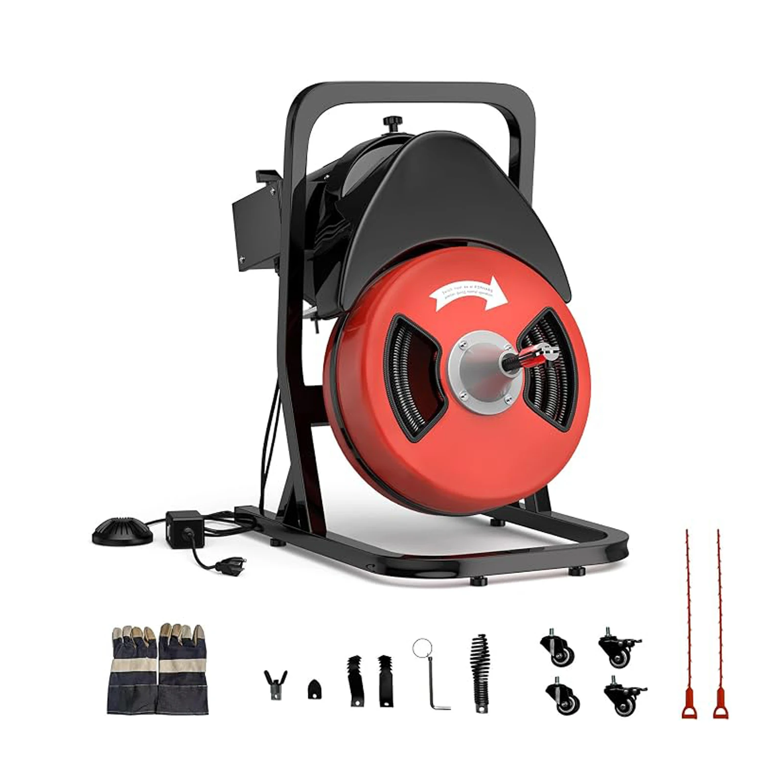 Drain Cleaner Machine 50FT x 1/2in 250wPipe Auger with 5 Cutters, Foot Switch , Portable Sewer Snake Auger for Home and Commercial Use