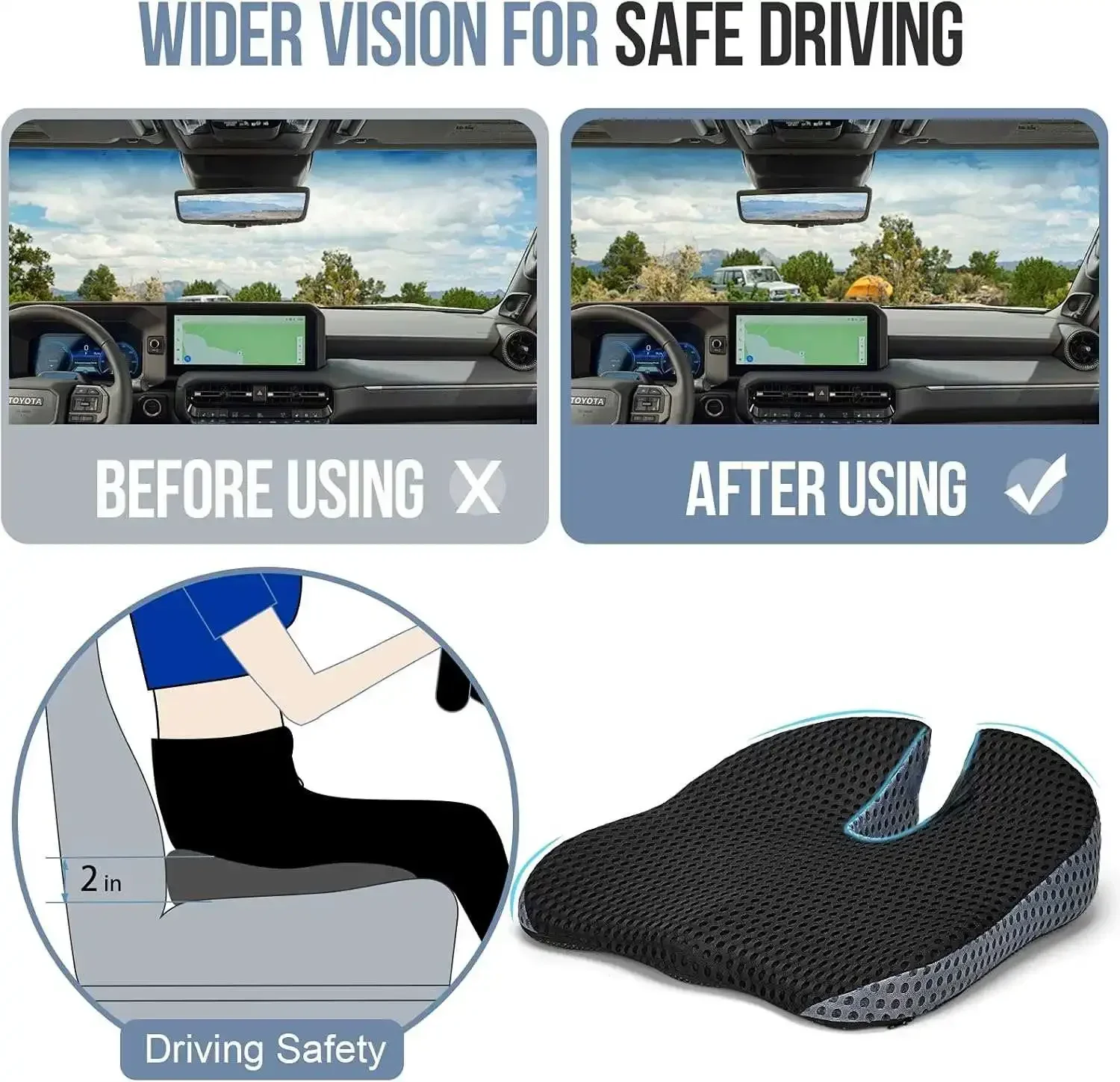 Ergonomic Wedge Car Seat Cushion with Cover for Driving,Enhanced Breathability & Support,Car Cushions for Improve Vision/Posture
