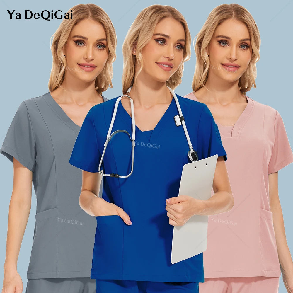 Pockets Work T-shirt Nurse Uniform Scrubs Top Women Medical Nursing Blouse Dental Clinical Clothes Beauty Salon Workwear