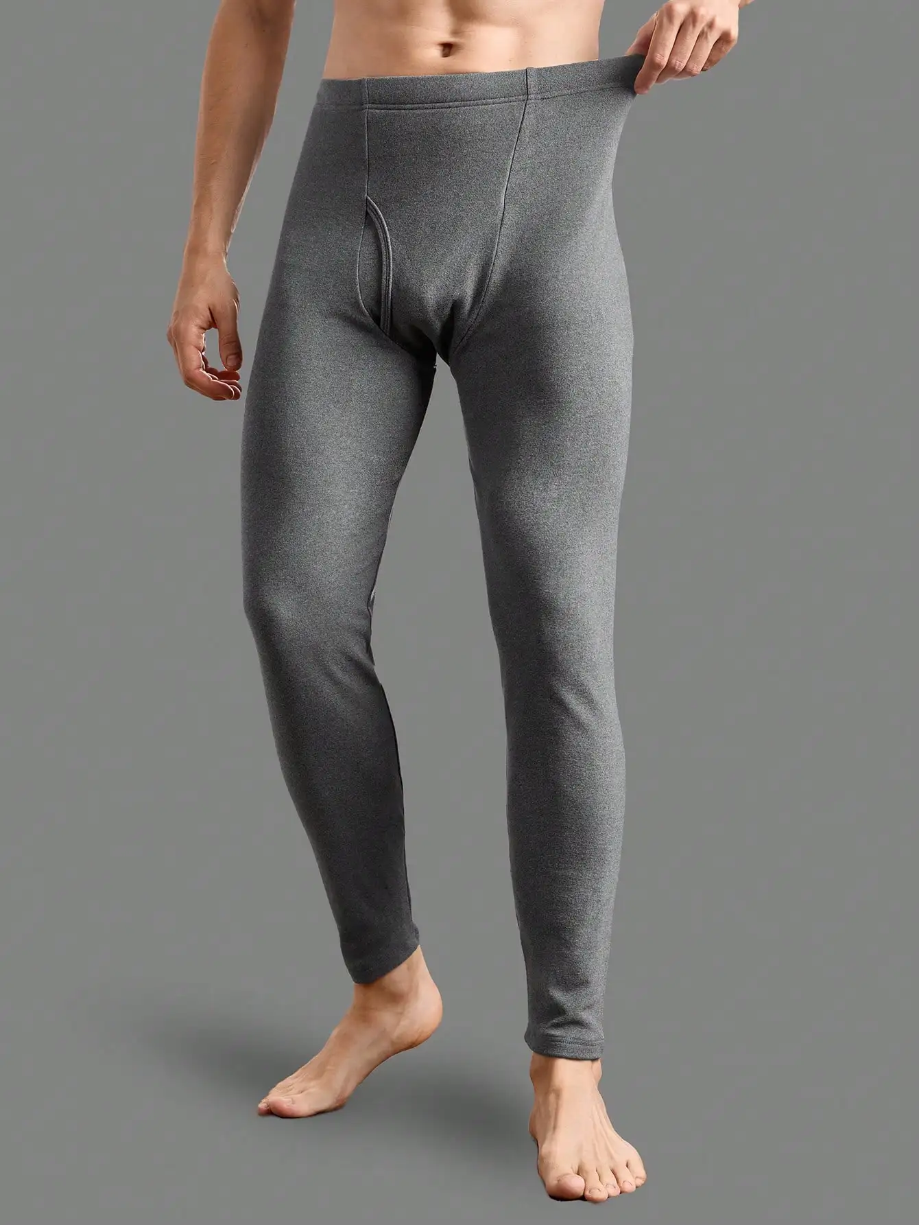 

Men's Solid Gray Elastic Waist Thermal Underwear Leggings for Fall Winter