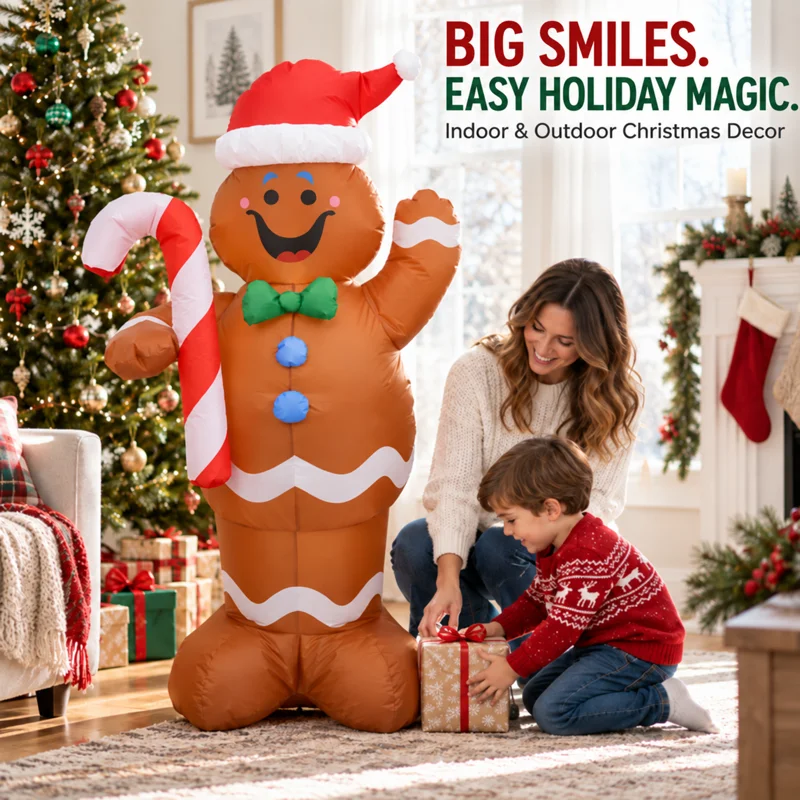 Giant 5FT Christmas Inflatable Gingerbread Man Decoration with Candy Cane Built-in LED Lights Blow Up Outdoor Yard Garden Decor Inflatable Toys for Fun Kids USA Stock Fast Shipping New 2024 Holiday Home Party Prop Indoor Outdoor Lighted Display