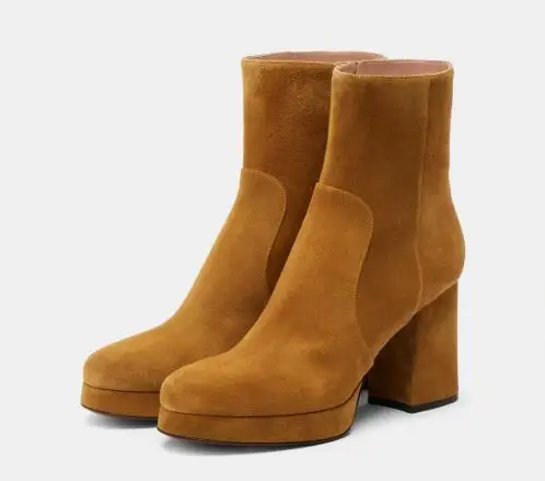 

Classic Women Camel Black Solid Cow Suede Round Toe Platform Chunky Heels Ankle Boots Fashion Lady High Heel Modern Short Boots