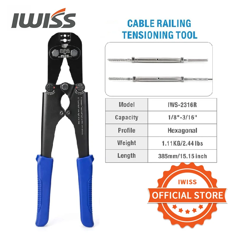 IWISS IWS-2316R - 1/8 to 3/16 Inch Cable Railing Crimping Plier for Tensioning Stainless Steel Wire Rope on Decks and Railings