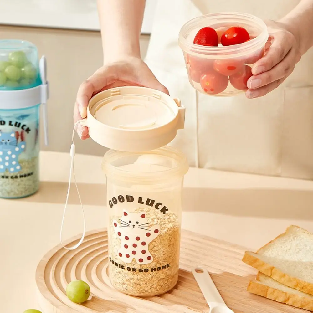 

Multipurpose Double Layer Yogurt Filter Cup Leakproof with Spoon Breakfast Oatmeal Cup Spring Pressure Plastic Salad Cup Picnic