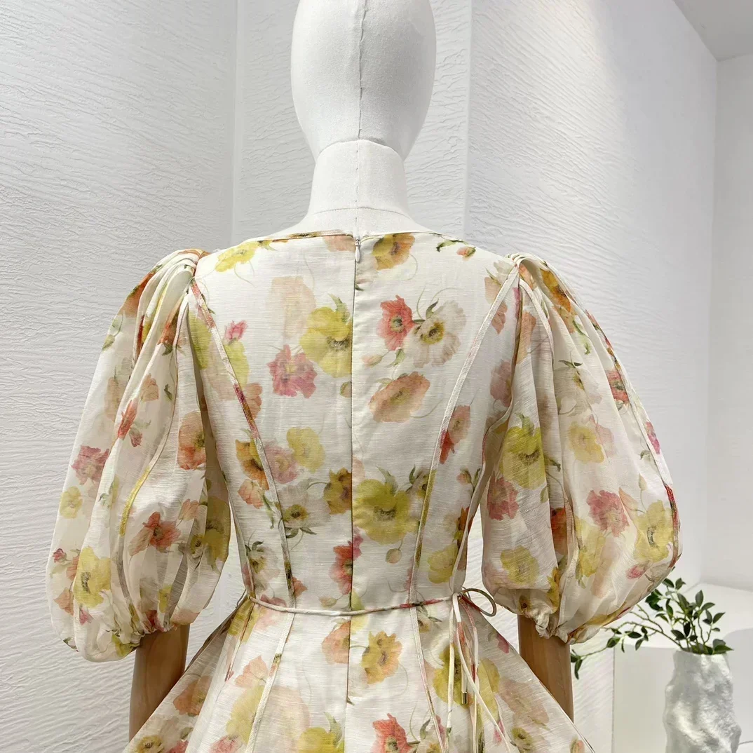 Mini robe en lin à manches courtes bouffantes, imprimé floral, qualité supérieure, nouveau, collection printemps 2024