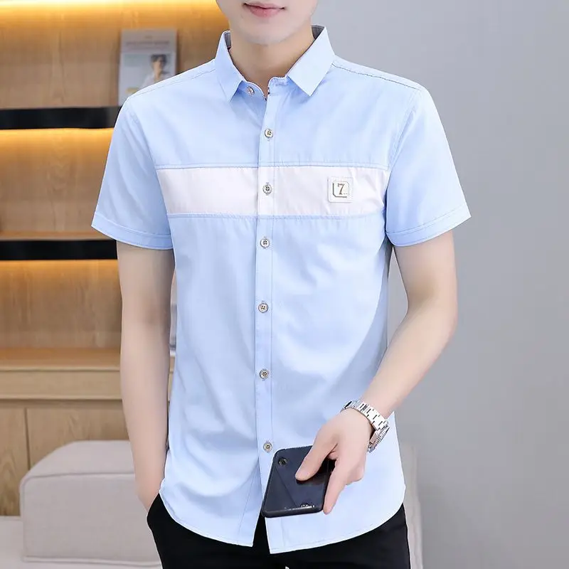 2024 New Summer Fashion Trend Simple Casual Business Lapel Contrasting Color Versatile Slim Fit Short Sleeved Shirt for Men