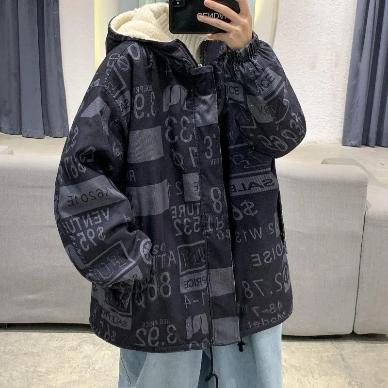 Men's Winter 2025 New Arrival Fleece Lined Hooded Cotton Jacket Thickened Warm Puffer Coat with Print for Students