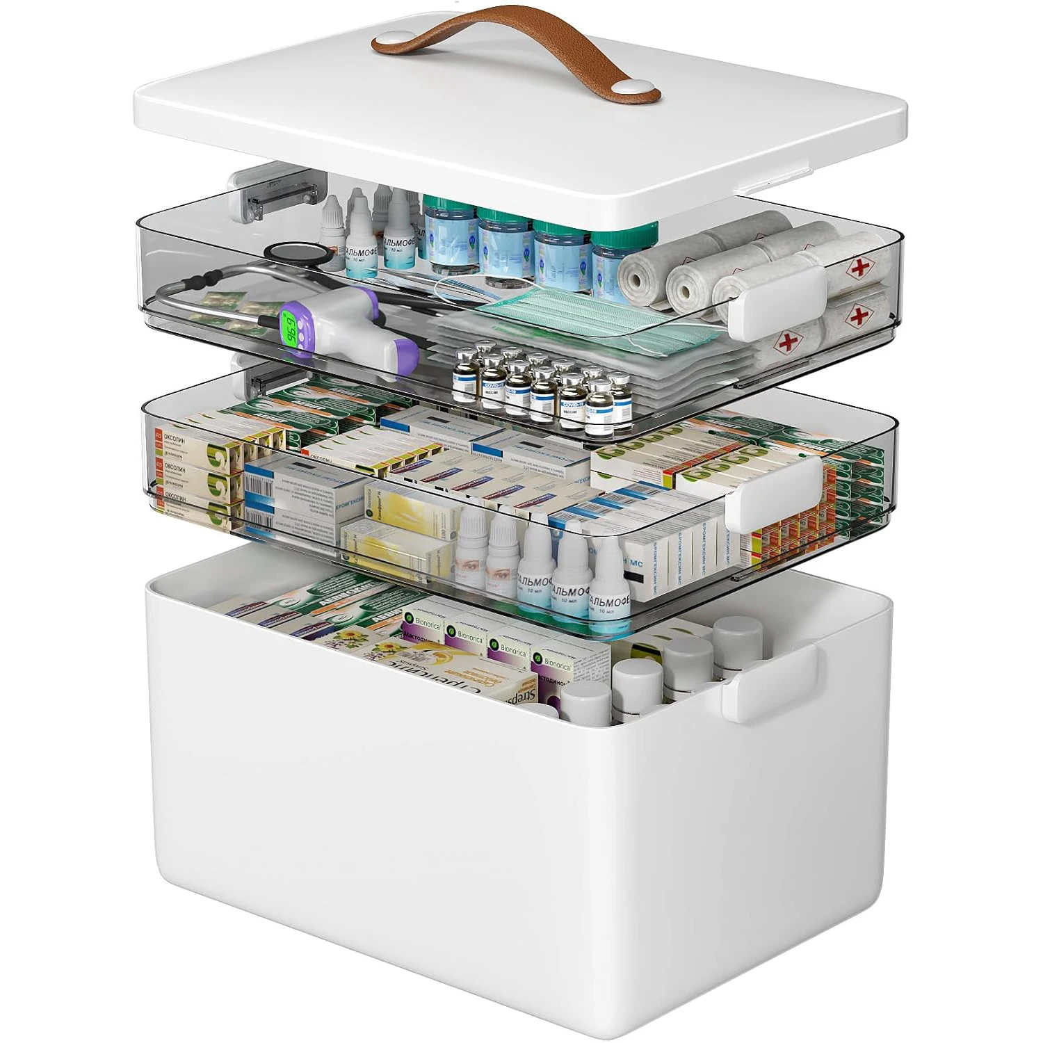 

Portable Medicine Cabinet with Leather Handle, 3-Tier Medicine Organizer, Empty First Aid Kit for Home