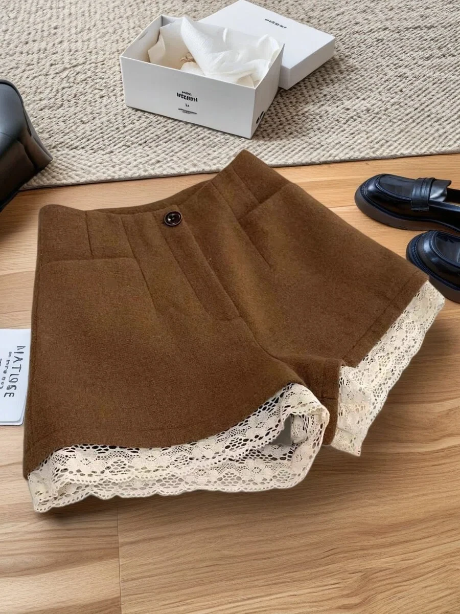 

Retro Lace Trimmed Wide Leg ort Pants Women's Winter Thiened High Waist Woolen Trousers Quali Oriented Faion Ladies