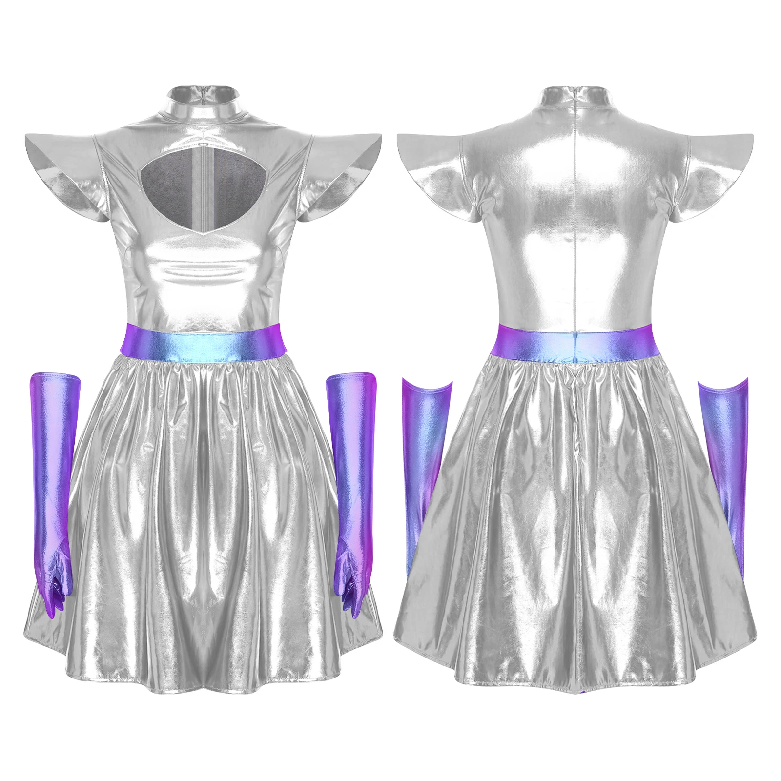 Volwassen Vrouwen Alien Outerspace Halloween Cosplay Kostuum Danskleding Mouwloze Space Cadet Maillots Jurk voor Future World Party