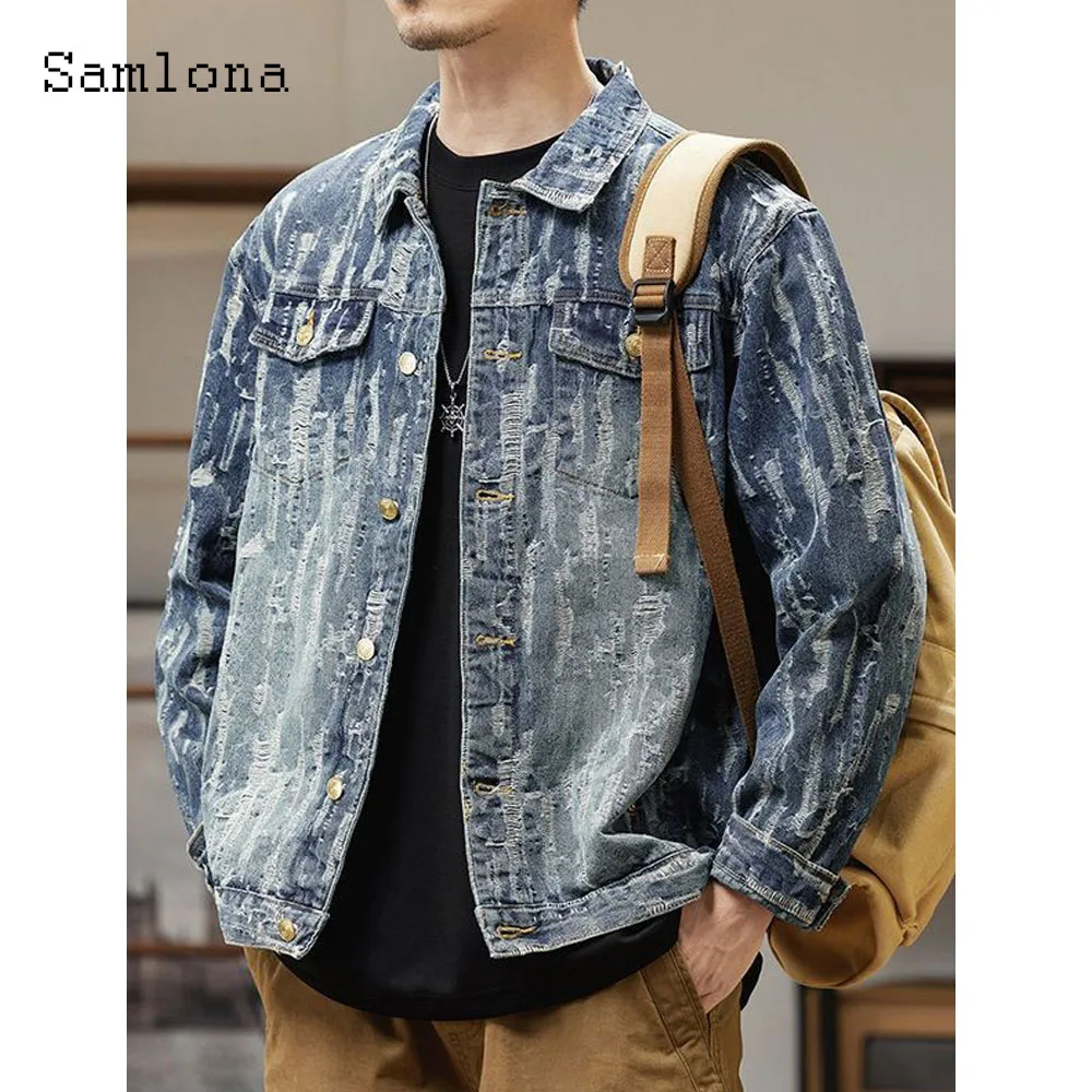 

Men Fashion Ripped Demin Jacket Plus Size Mens Casual Retro Jean Outerwear 2023 European and American style Frayed Demin Jackets