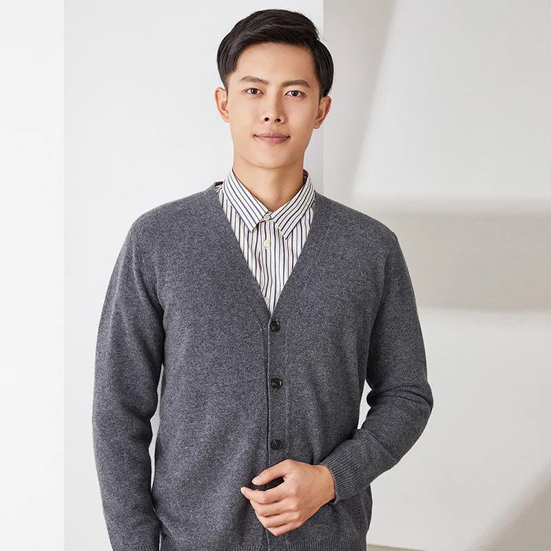 SZDYQH Classic Men Cardigan Solid Color V-neck Long-sleeved Single-breasted 100% Wool Spring Autumn Loose Casual Sweater