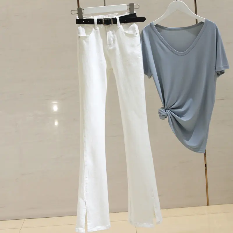 White micro flared jeans women's high waist autumn new Korean version slim fit versatile and elastic split flared pants