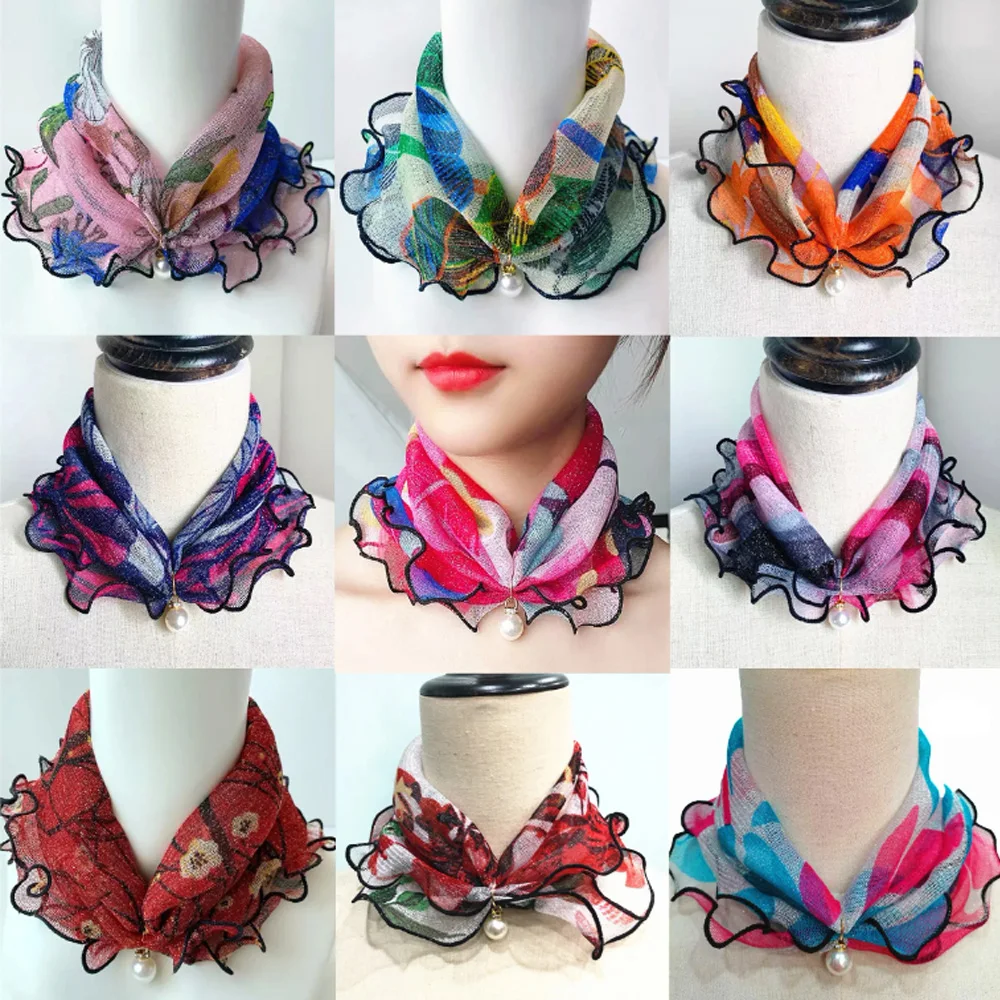 

Fake Pearl Pendant Organza Neck Collar Chiffon Scarves Print Shiny Variety Loop Scarf New Bandana Headband Clothing Accessories